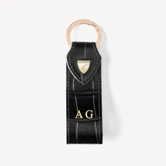 Small Leather Loop Keyring Deep Shine Black Croc WomenMen Aspinal Of London Key Rings