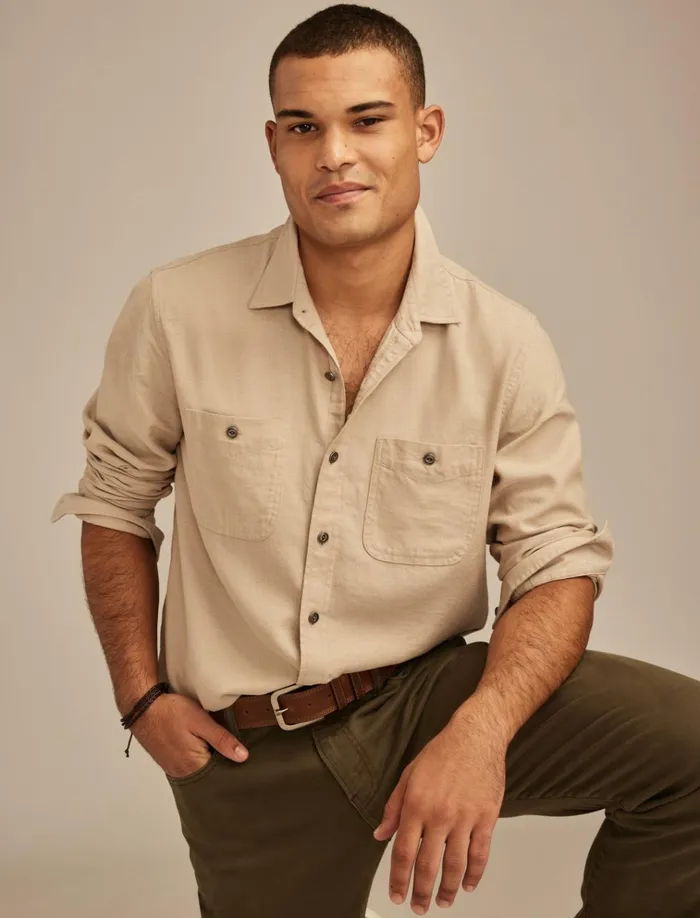 Solid Cotton Twill Grom Shirt Silver Mink Men Lucky Brand ButtonDowns