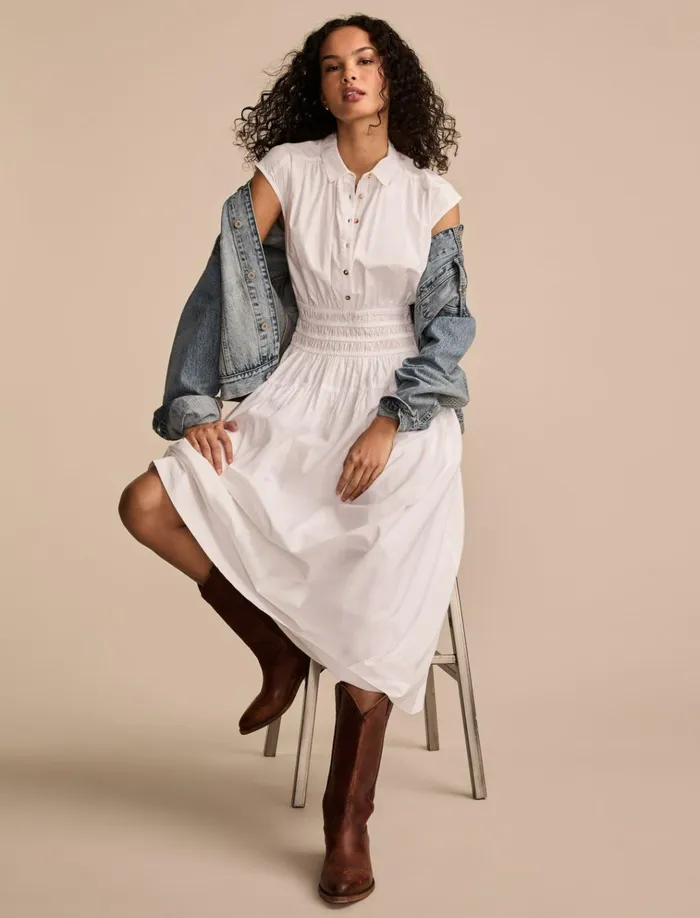Solid Smocked Dropped Waist Midi Dress Bright White Women Lucky Brand Dresses