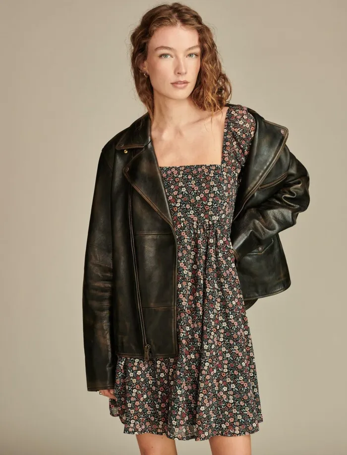 Square Neck Long Sleeve Mini Dress Red Floral Women Lucky Brand Dresses