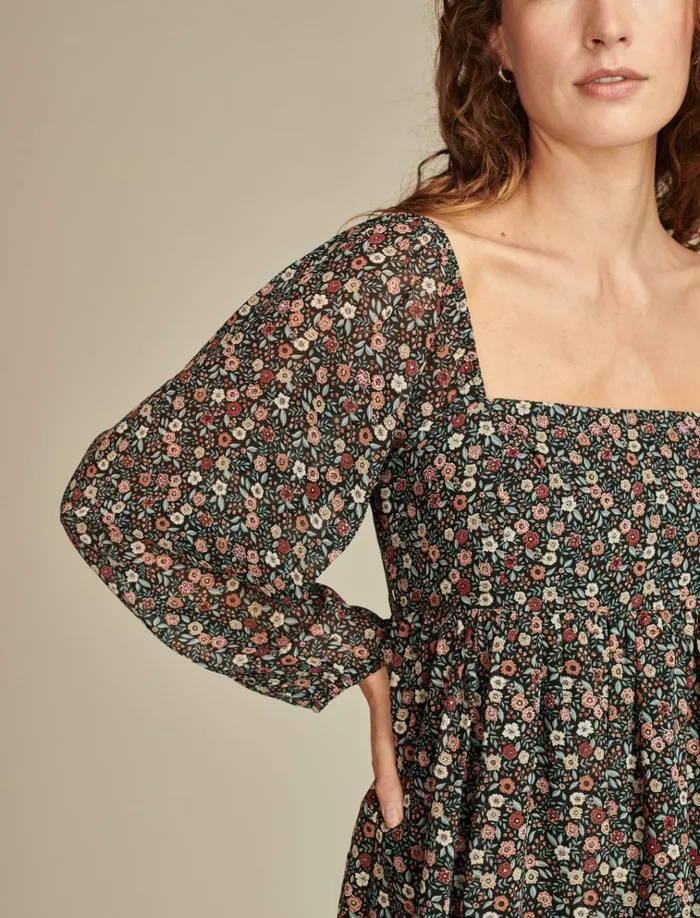 Square Neck Long Sleeve Mini Dress Red Floral Women Lucky Brand Dresses