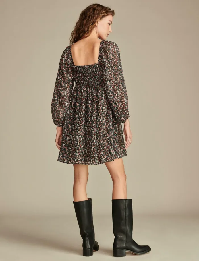 Square Neck Long Sleeve Mini Dress Red Floral Women Lucky Brand Dresses