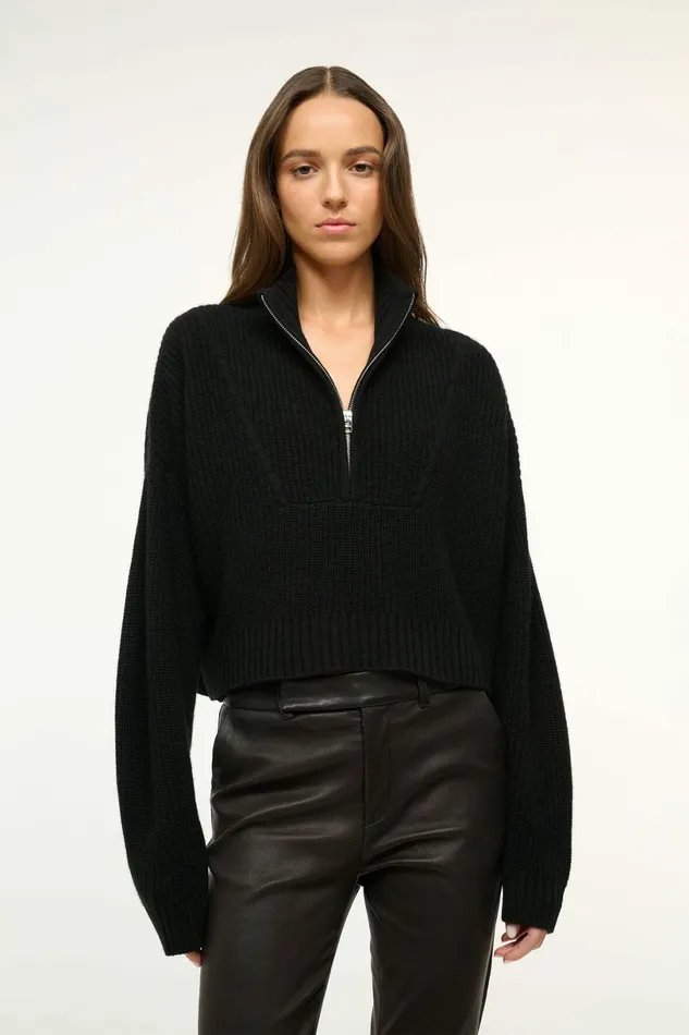 STAUD CASHMERE CROPPED HAMPTON SWEATER Black Women Sweaters