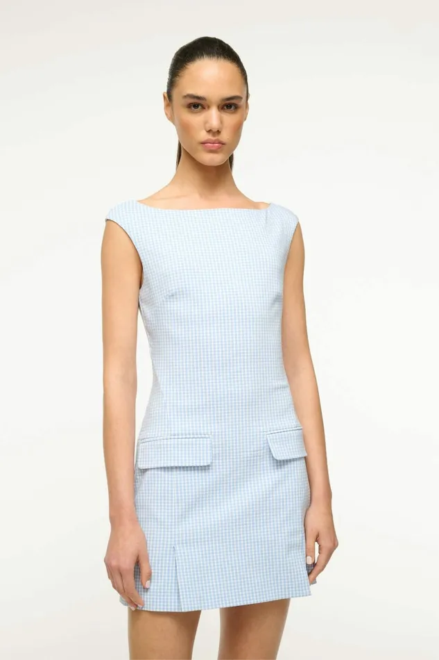 STAUD WALKER DRESS Sky Micro Check Women Dresses STAUD WALKER DRESS Sky Micro Check Women Dresses