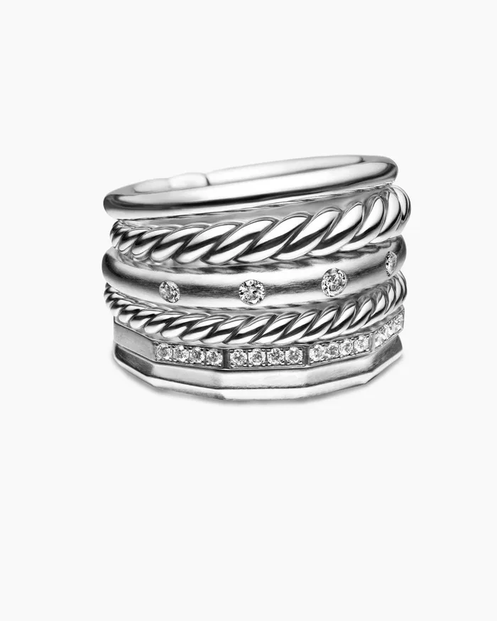Stax Six Row Ring In Sterling Silver With Diamonds 16mm Women David Yurman Statement Stax Six Row Ring In Sterling Silver With Diamonds 16mm Women David Yurman Statement