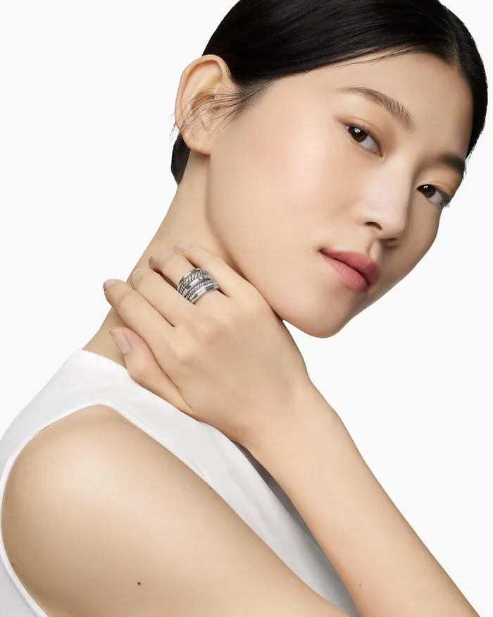 Stax Six Row Ring In Sterling Silver With Diamonds 16mm Women David Yurman Statement Stax Six Row Ring In Sterling Silver With Diamonds 16mm Women David Yurman Statement