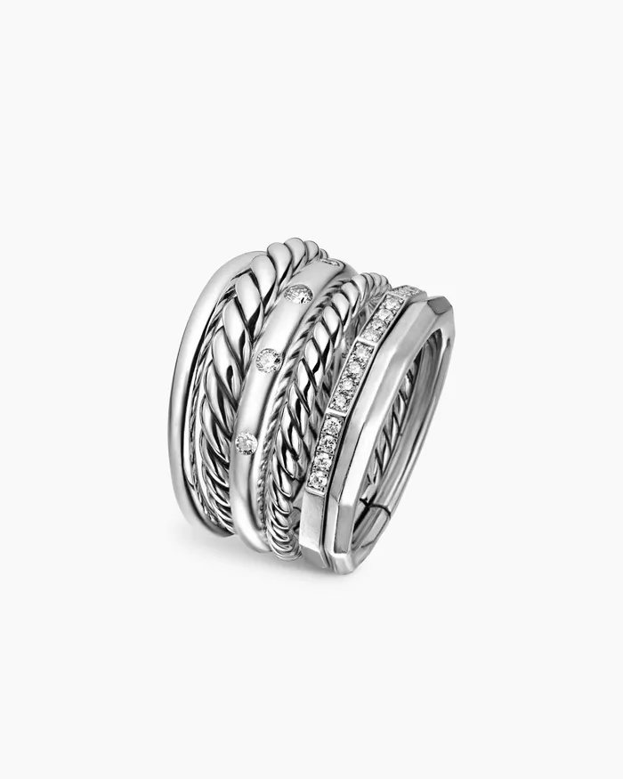 Stax Six Row Ring In Sterling Silver With Diamonds 16mm Women David Yurman Statement Stax Six Row Ring In Sterling Silver With Diamonds 16mm Women David Yurman Statement