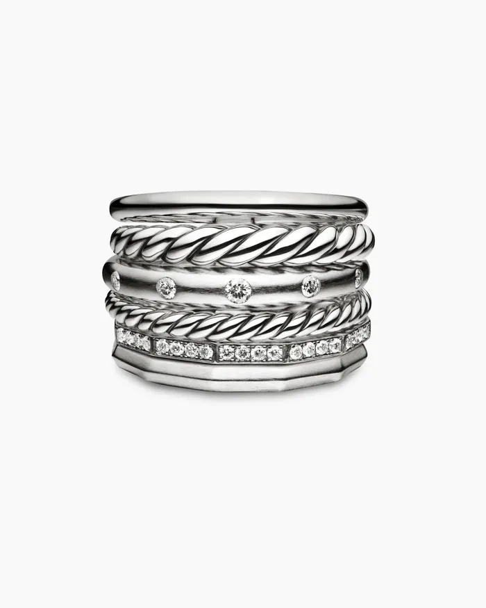 Stax Six Row Ring In Sterling Silver With Diamonds 16mm Women David Yurman Statement Stax Six Row Ring In Sterling Silver With Diamonds 16mm Women David Yurman Statement