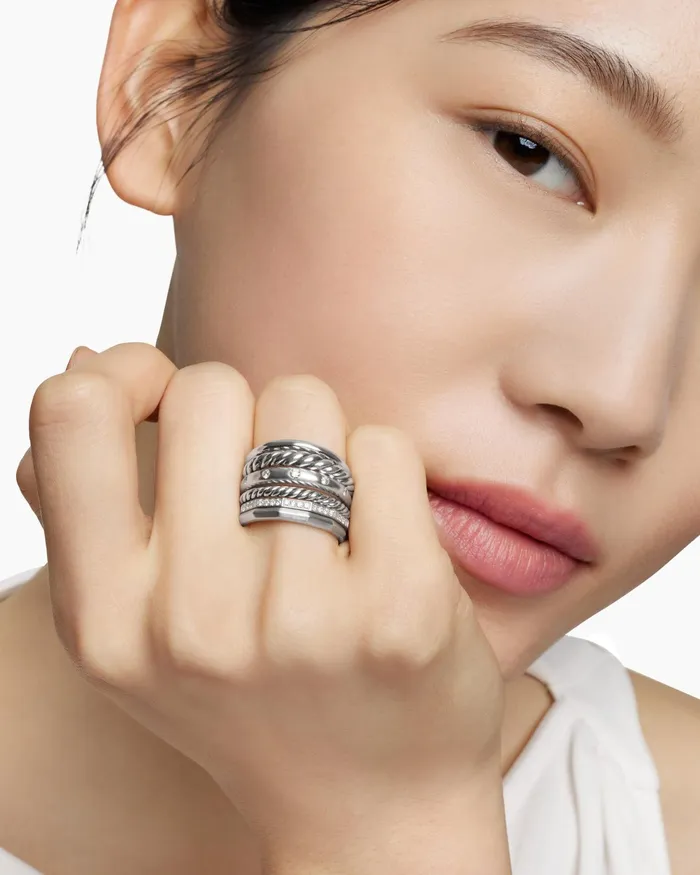 Stax Six Row Ring In Sterling Silver With Diamonds 16mm Women David Yurman Statement Stax Six Row Ring In Sterling Silver With Diamonds 16mm Women David Yurman Statement