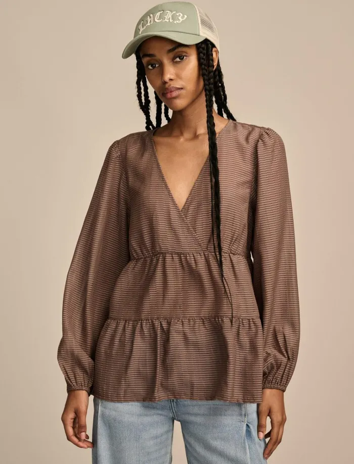 Striped VNeck Blouse Deep Taupe Women Lucky Brand Blouses