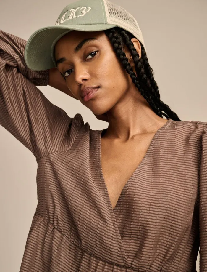 Striped VNeck Blouse Deep Taupe Women Lucky Brand Blouses