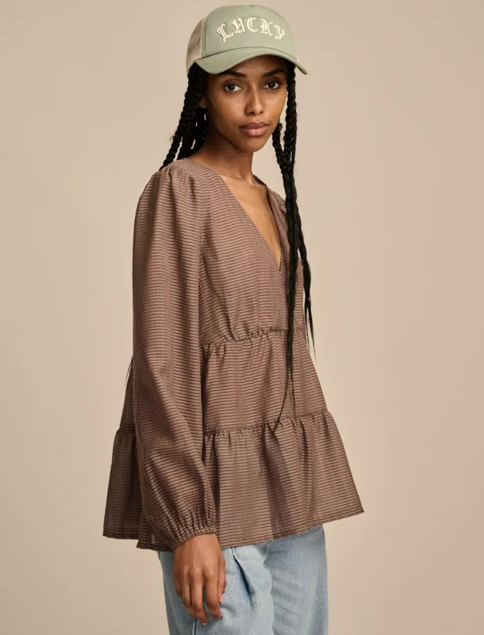 Striped VNeck Blouse Deep Taupe Women Lucky Brand Blouses