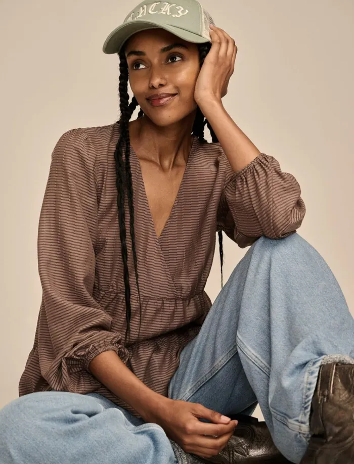 Striped VNeck Blouse Deep Taupe Women Lucky Brand Blouses