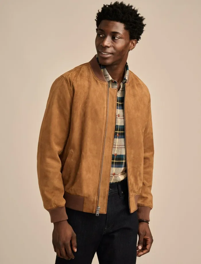 Suede Bomber Jacket Dark Tan Men Lucky Brand Jackets and Outerwear