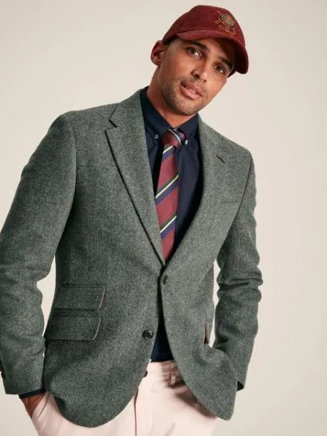 Suits and Tailoring Men Joules Dark Green Herringbone Texture Slim Fit Blazer