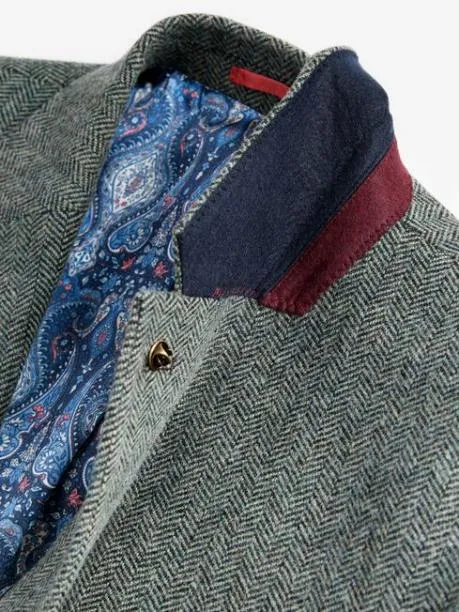 Suits and Tailoring Men Joules Dark Green Herringbone Texture Slim Fit Blazer