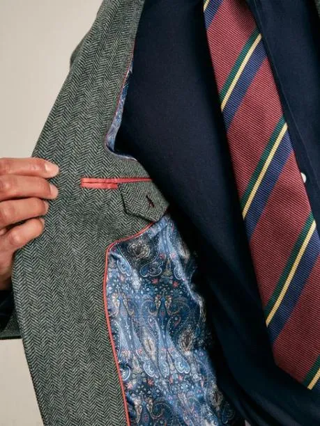 Suits and Tailoring Men Joules Dark Green Herringbone Texture Slim Fit Blazer