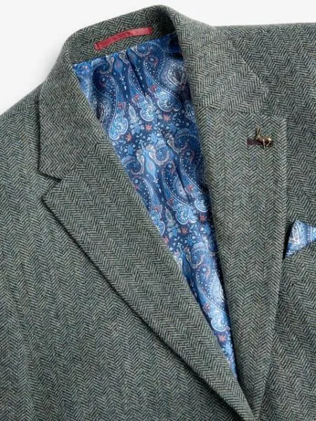 Suits and Tailoring Men Joules Dark Green Herringbone Texture Slim Fit Blazer