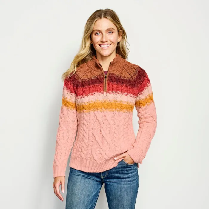 Sweaters Women Orvis Cable Stripe QuarterZip Sweater Pale Clay Multi