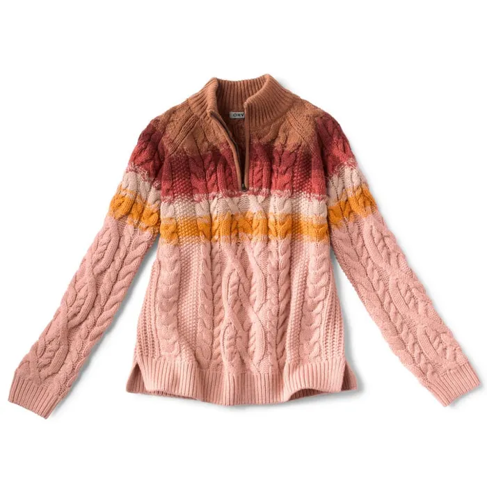 Sweaters Women Orvis Cable Stripe QuarterZip Sweater Pale Clay Multi
