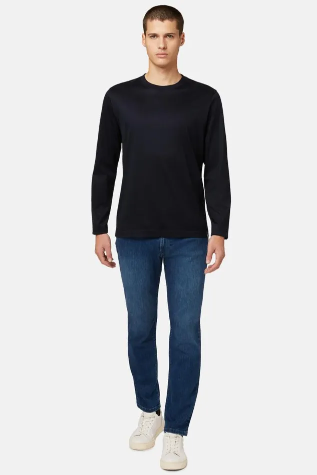 TShirts Men Boggi Milano Longsleeved Pima Cotton Jersey Tshirt Navy Blue
