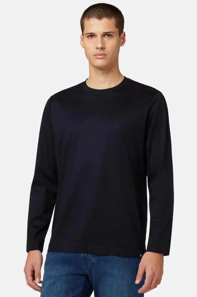 TShirts Men Boggi Milano Longsleeved Pima Cotton Jersey Tshirt Navy Blue