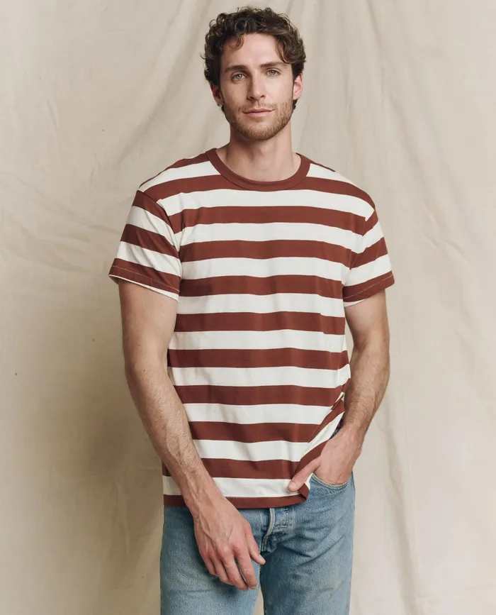 Tees and Sweats Men The Great The Men039s Boxy Crew Solid Cognac Stripe