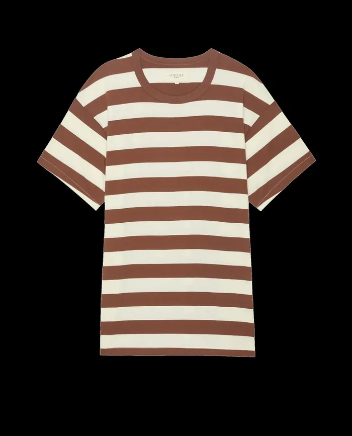 Tees and Sweats Men The Great The Men039s Boxy Crew Solid Cognac Stripe