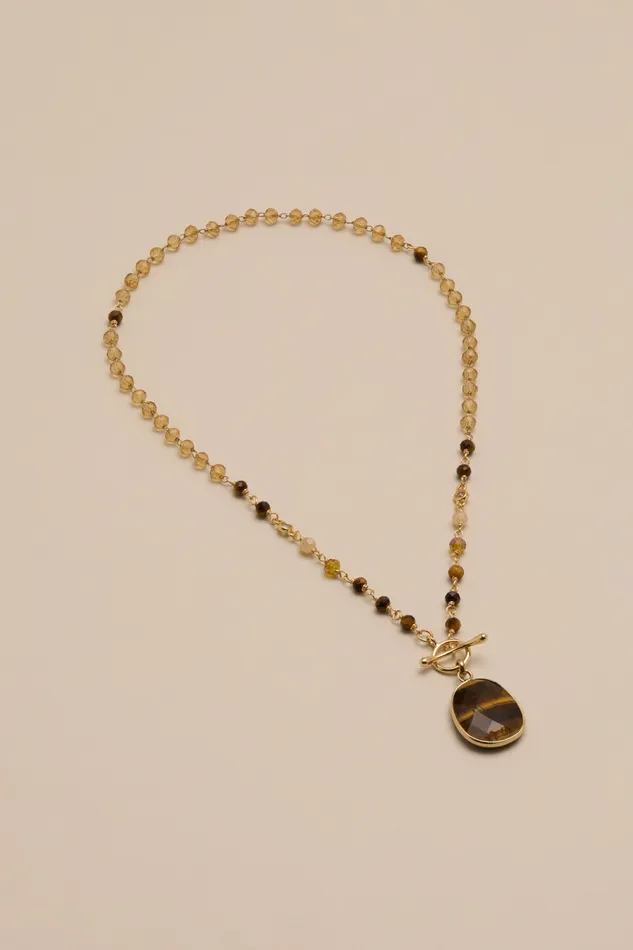 Tiger Eye Bead And Pendant Necklace Gold Women Lucky Brand Jewelry
