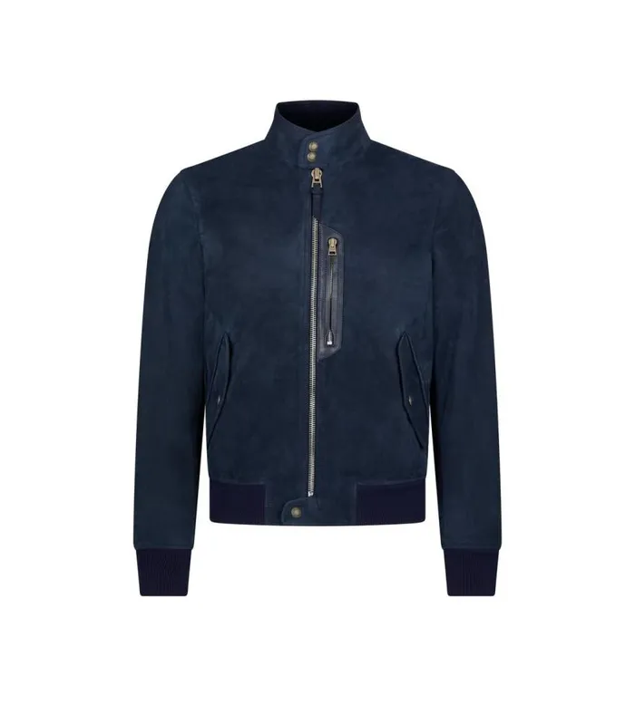 TOM FORD Outerwear Men LIGHT SUEDE HARRINGTON WITH ZIP Ink Blue