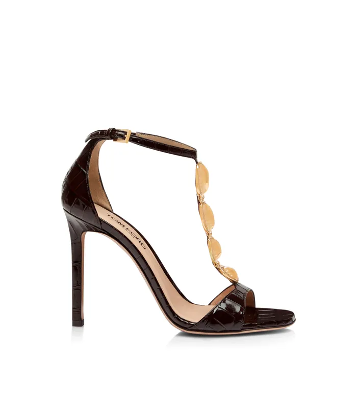 TOM FORD Sandals Women GLOSSY STAMPED CROCODILE LEATHER TITAN T STRAP SANDAL