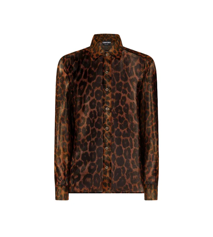 TOM FORD Tops Women LAMINATED LEOPARD PRINTED GEORGETTE SHIRT Camel