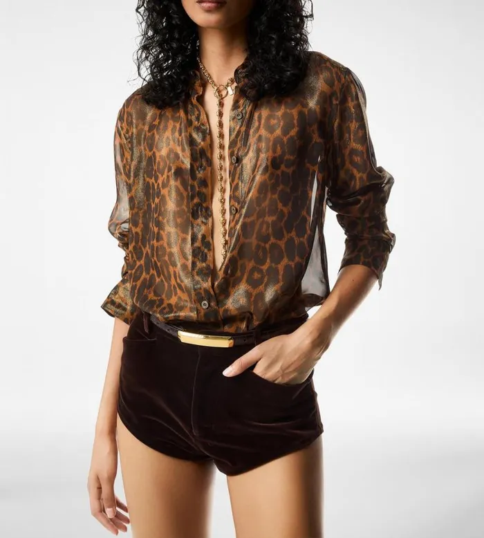 TOM FORD Tops Women LAMINATED LEOPARD PRINTED GEORGETTE SHIRT Camel TOM FORD Tops Women LAMINATED LEOPARD PRINTED GEORGETTE SHIRT Camel