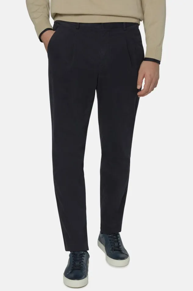 Trousers Men Boggi Milano Stretch Cotton Trousers With Front Pleats Navy Blue