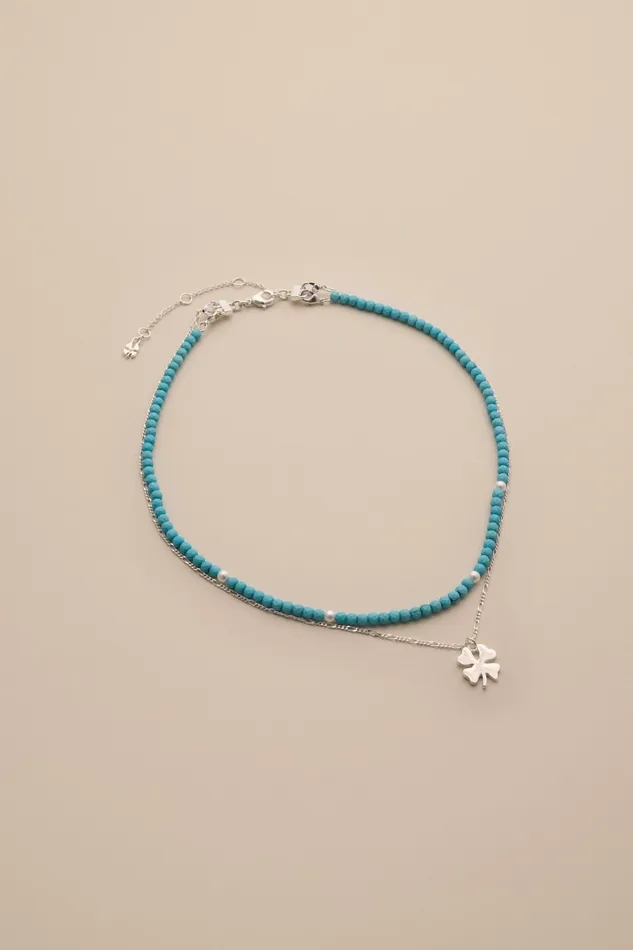 Turq Beaded Clover Layer Necklace Silver Women Lucky Brand Jewelry