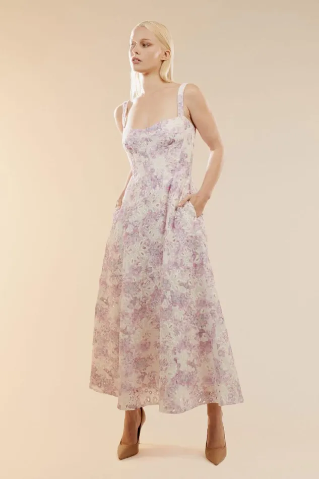 Women Bardot Day To Night Dresses Adaline Broderie Midi Dress In Lilac Flor