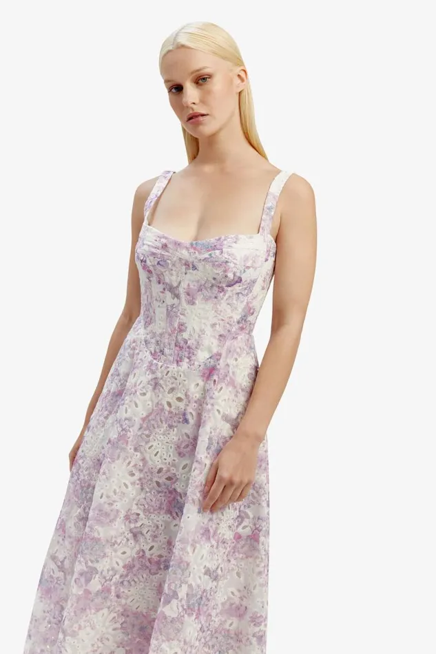 Women Bardot Day To Night Dresses Adaline Broderie Midi Dress In Lilac Flor