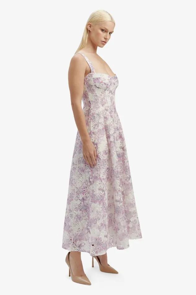 Women Bardot Day To Night Dresses Adaline Broderie Midi Dress In Lilac Flor