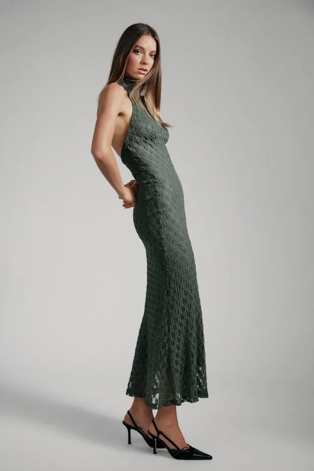 Women Bardot Day To Night Dresses Adoni Ola Lace Maxi Dress In Khaki