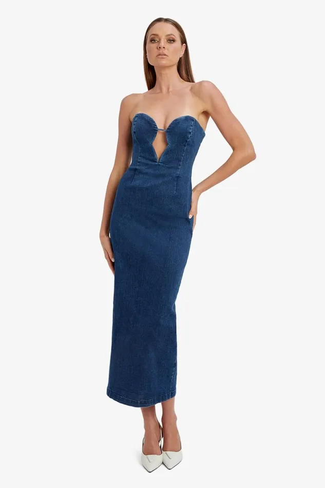 Women Bardot Day To Night Dresses Eleni Denim Midi Dress In Dark Women Bardot Day To Night Dresses Eleni Denim Midi Dress In Dark