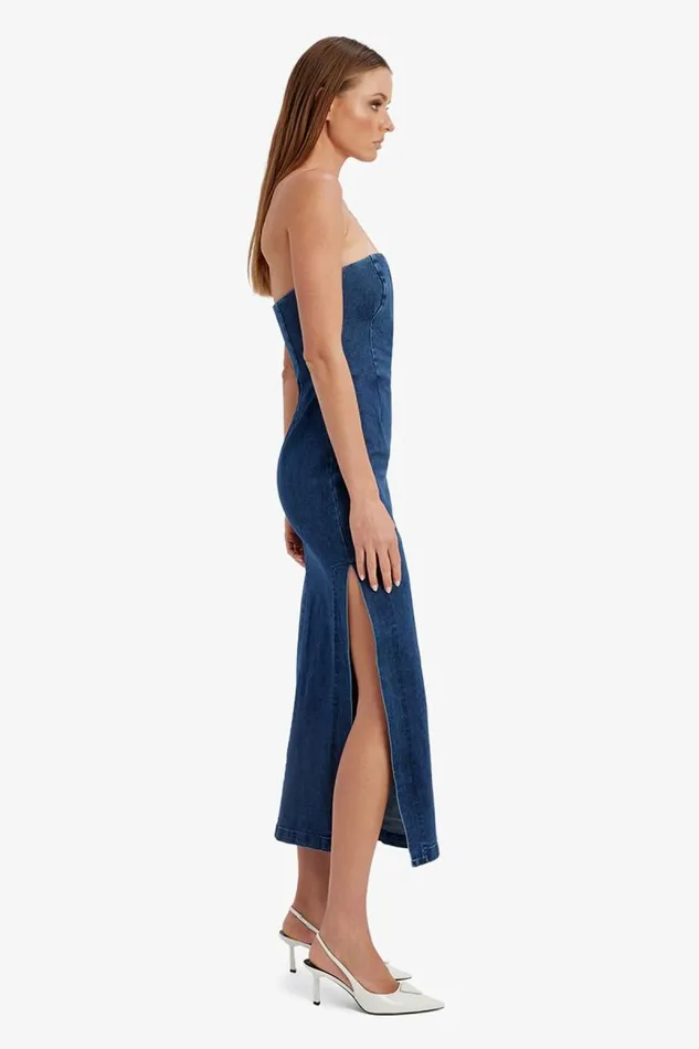 Women Bardot Day To Night Dresses Eleni Denim Midi Dress In Dark Women Bardot Day To Night Dresses Eleni Denim Midi Dress In Dark
