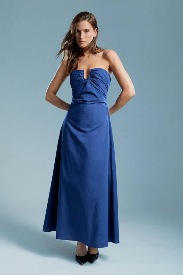 Women Bardot Day To Night Dresses Lora Poplin Maxi Dress In Navy