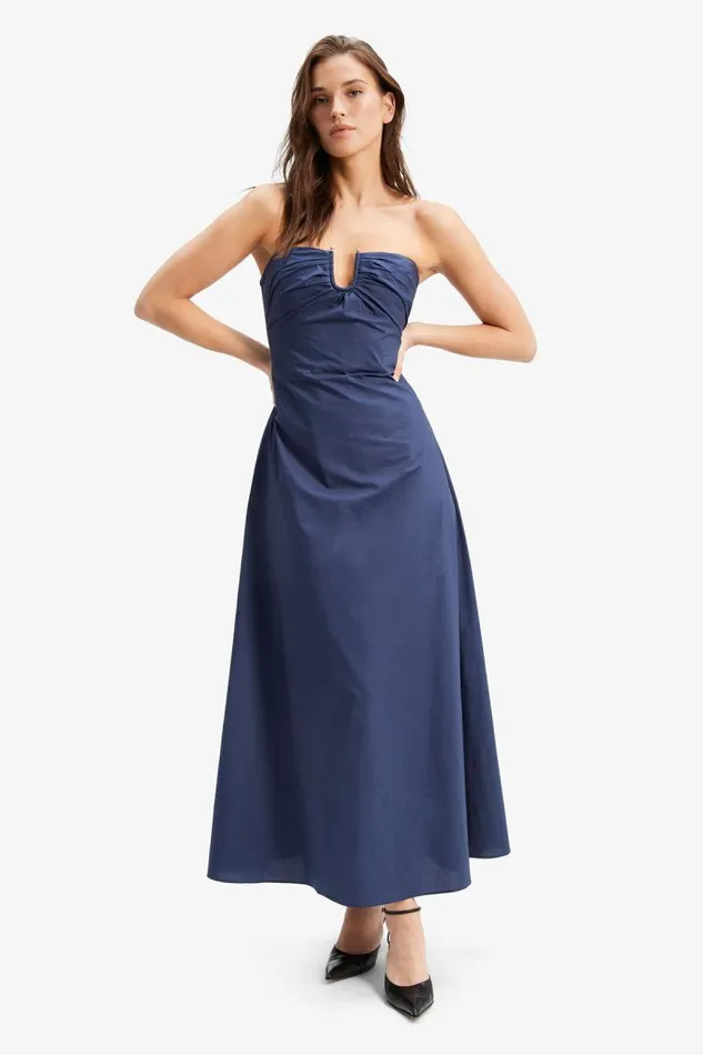 Women Bardot Day To Night Dresses Lora Poplin Maxi Dress In Navy