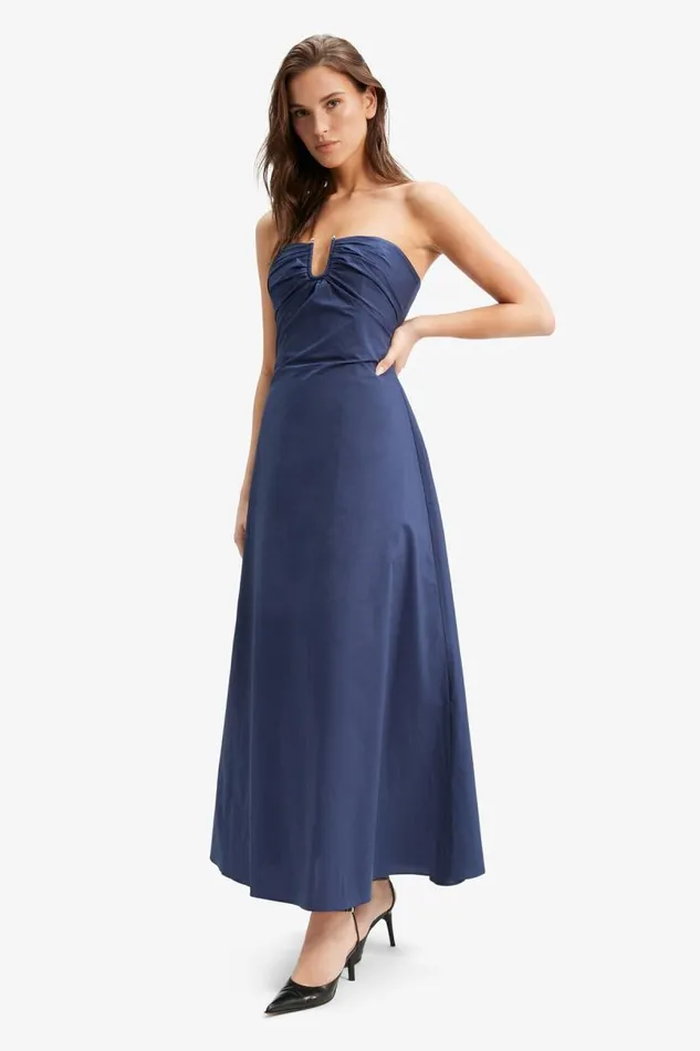 Women Bardot Day To Night Dresses Lora Poplin Maxi Dress In Navy