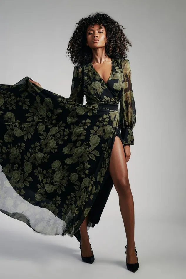 Women Bardot Day To Night Dresses Lucianna Maxi Wrap Dress In Green Floral