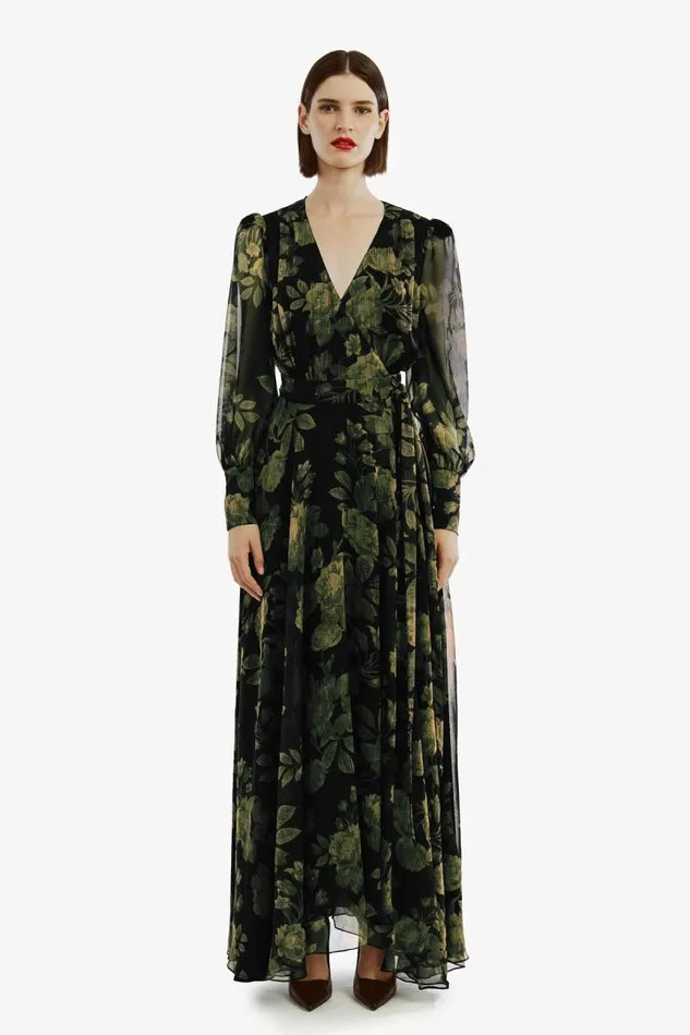 Women Bardot Day To Night Dresses Lucianna Maxi Wrap Dress In Green Floral Women Bardot Day To Night Dresses Lucianna Maxi Wrap Dress In Green Floral