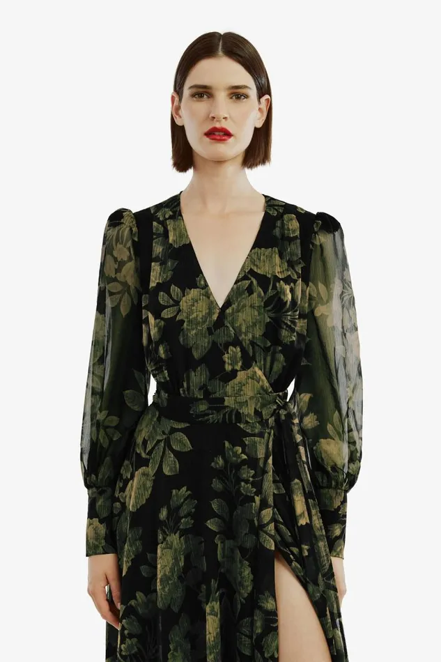 Women Bardot Day To Night Dresses Lucianna Maxi Wrap Dress In Green Floral Women Bardot Day To Night Dresses Lucianna Maxi Wrap Dress In Green Floral