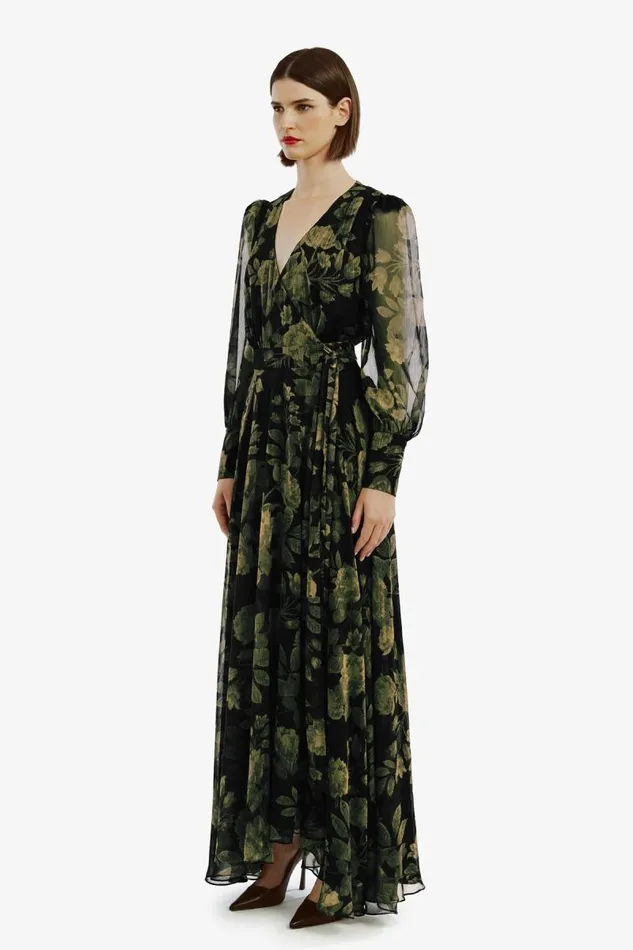 Women Bardot Day To Night Dresses Lucianna Maxi Wrap Dress In Green Floral Women Bardot Day To Night Dresses Lucianna Maxi Wrap Dress In Green Floral