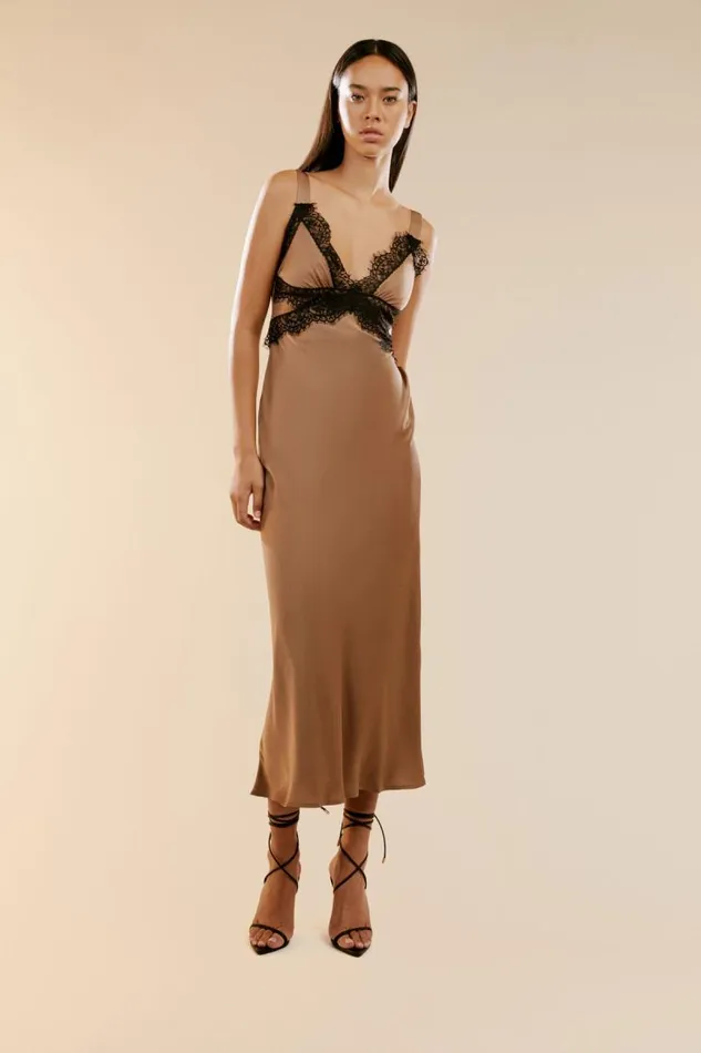 Women Bardot Occasion Dresses Delta Satin Midi Dress In Bronze