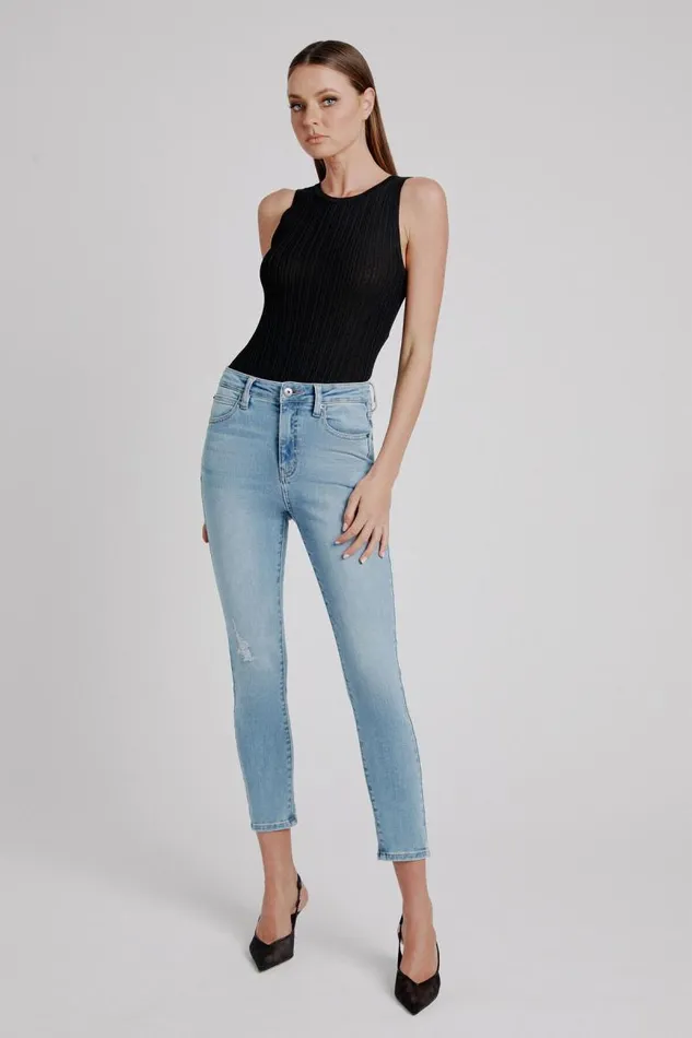 Women Bardot Skinny Jean Khloe Hi Crop Rip Jeans In Light Denim